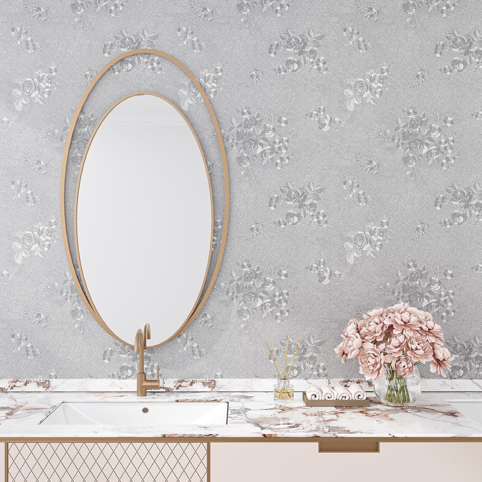 VEELIKE Metallic Silver Grey Wallpaper Peel and Stick Textured